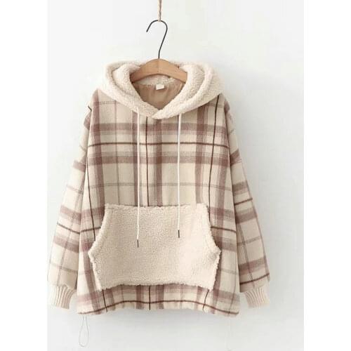 Japan Style Literature Art Retro Plaid Lamb wool cotton Sweatshirts Fashion loose Women Hoodie Femme Harajuku Patchwork Pullover