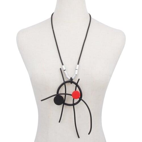 YD&YDBZ Red Round Wooden Pendant Necklace For Women Hyperbole Black Rubber Long Rope Charms Necklace Handmade Sweater Chain