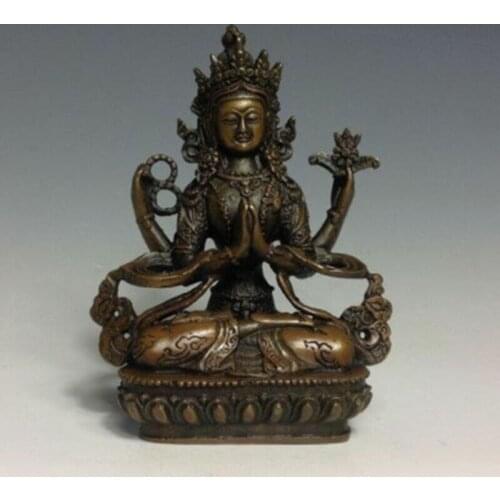 Tibet Buddhism Bronze Four Hands Arm Kwan-Yin Guan Yin Bodhisattva Buddha Statue
