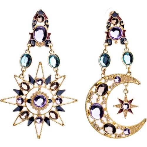 Women Rhinestone Inlaid Sun Crescent Moon Star Charm Asymmetric Earrings Jewelry Earrings Women Vintage Asymmetric Design Earrin
