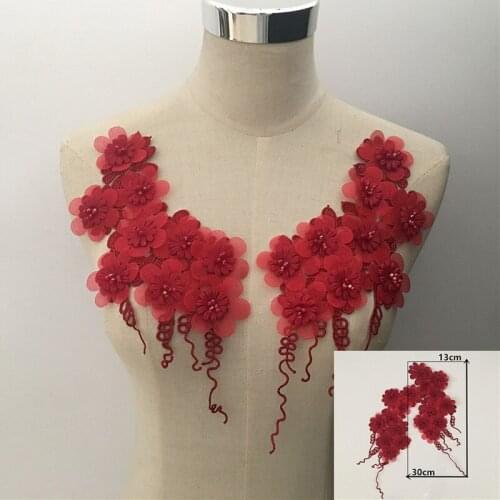 2PCS Mesh Patches Lace Red Flower Collar Applique DIY Handmade Clothing Wedding Dress Badge Decoration Accessories