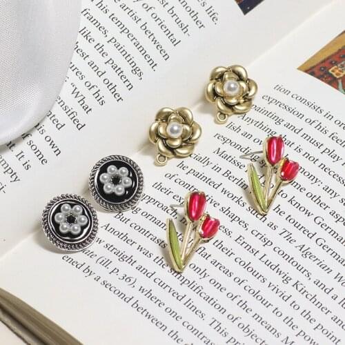 20pcs alloy Pearl love flower charm Rose tulip Ear Studs DIY handmade jewelry earrings accessories
