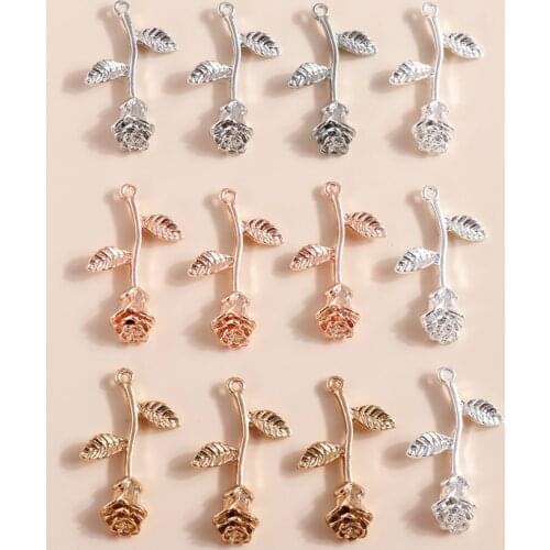 8pcs Four Color Long Statement Rose Flowers Pendants Charms for DIY Making Bracelets Necklaces Handmade Jewelry
