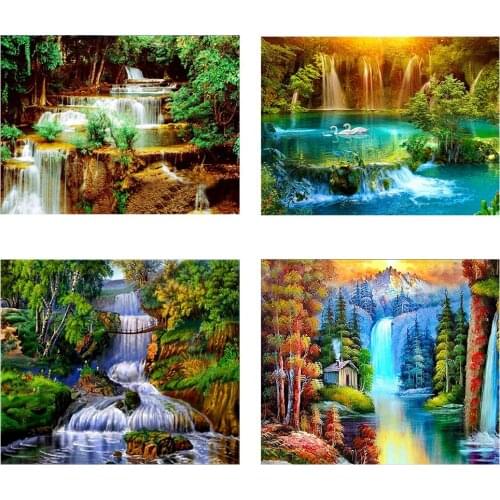 4Pieces/lot DIY 5D Diamond Painting Landscape Waterfalls Cross Stitch Landscape Diamond Embroidery Full Round Drill Home Decor