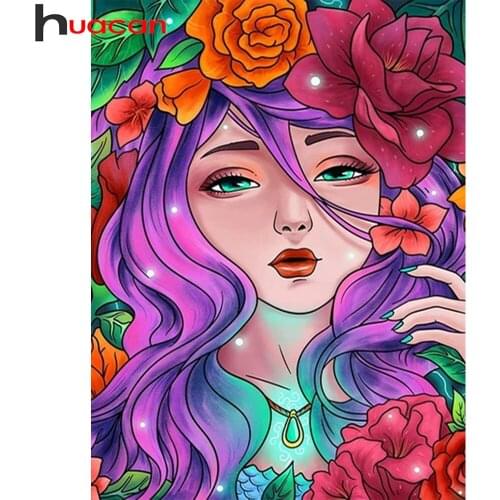 Huacan Diamond Painting Girl Mosaic Woman Flower Embroidery Portrait Cartoon Home Decor Wall Stickers