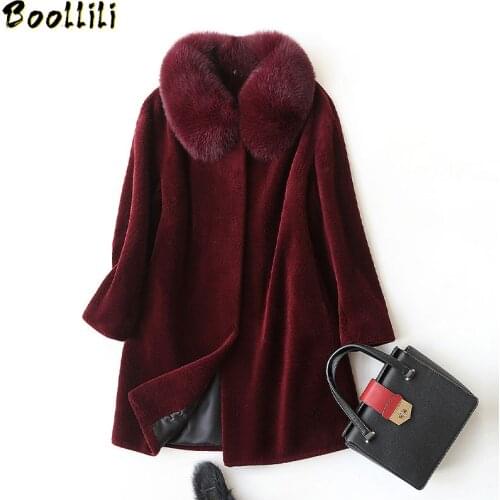 Boollili 2020 Natural Sheep Shearing Fur Coat With Real Fox Fur Collar Winter Jacket Women Medium Length Warm Overcoat