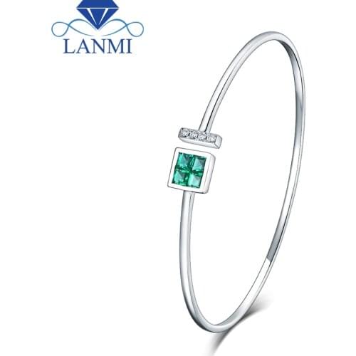 LANMI Bangle Real 14Kt White Gold Natural Colombia Emerald Bracelet Charming Bangle Diamond Jewelry For Women Anniversary Gift
