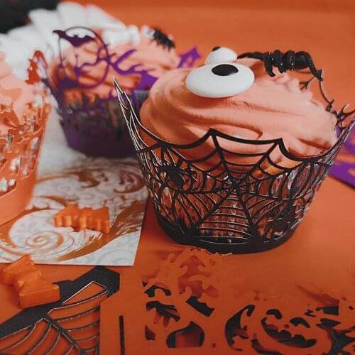 Paper Cup Cake Holder Cream Bowl Halloween Cup Hollow Spider Web Pumpkin Horror Castle Creative Vintage Cartoon Cup 12/24pcs/set