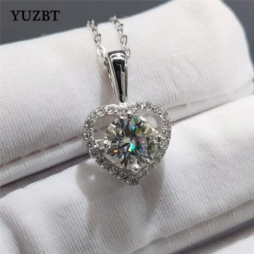 YUZBT 18K White Gold Plated 1 ct 6.5mm Excellent Cut Gemstone Heart Pendant Necklace Diamond Test Past D Color Moissanite Chain