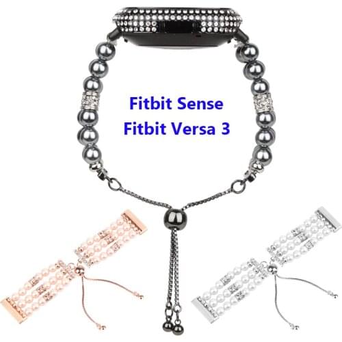 Black Dressy Bracelet for Fitbit Versa 3/Fitbit Sense Women Girls Luxury Jewelry Replacement Wristband Pearl Straps for Versa 3