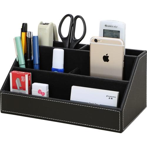 PU Leather 5 Compartments Remote Control Organizer Box Desk Stationery Storage Holder Pen Holder Container Office Supplies Box