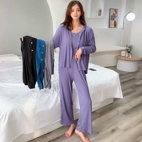 Cardigan + Vest + Pant 3 Pieces Set Long Sleeve Sleepwear Autumn Winter Pajamas Women Hooded Modal Nightwear Suit Pijama Mujer