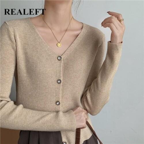 REALEFT Womens Knitted Cardigan Vintage 2021 New Autumn Elegant Long Sleeve Solid Color Casual Single Breasted Coat Female Tops