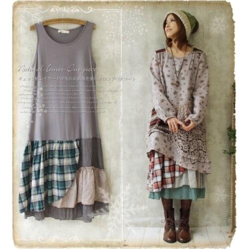 Patchwork vintage plaid loose basic tank dress hoho mori girl lolita vestidos de festa longo vestido amarelo feminino robe femm