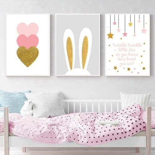 Pink Heart Cartoon Rabbit Wall Art Canvas Poster Nursery Quotes Print Nordic Painting Wall Picture Kids Living Room Decoration
