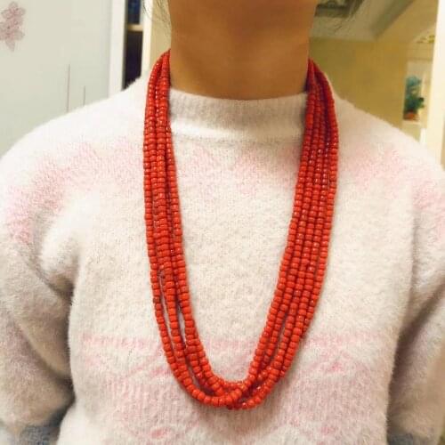 NK241 Ethnic Tibetan Red Glass Beads 5 Strands Long Women Necklace Bohemia Nepal Tribal Jewelry Girls Necklace