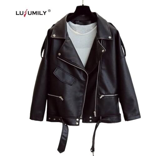 Lusumily New Autumn Pu Faux Soft Leather Jacket Womens Casual Turn Down Collar Moto Biker Belt Zipper Loose Black Coat Female
