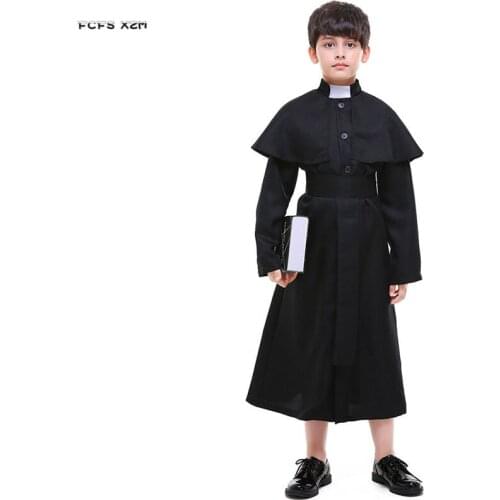 Boys Halloween Pastor Priest robe Costumes Children Catholic father Church choir Cosplays Carnival Purim stage show Party dress