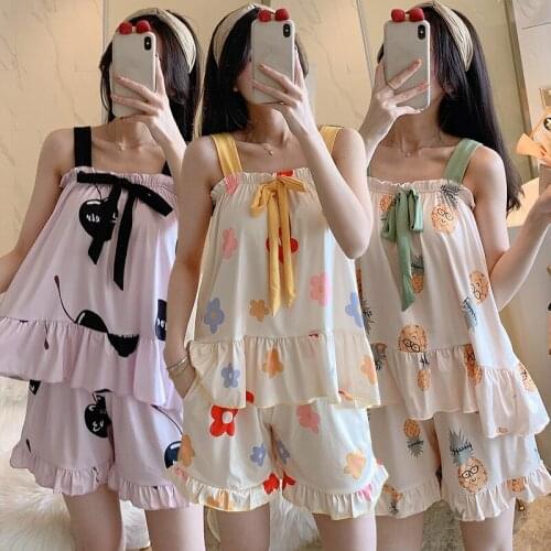 Plus Size Sexy Lingerie Spaghetti Strap Shorts Pajama Sets Women 2021 Summer Korean Bow Sleepwear Homewear Pijama Mujer Clothes