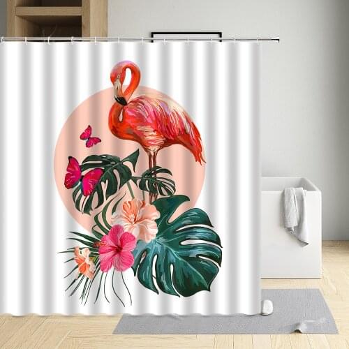 Pink Flamingo Shower Curtains Tropical Animals Cartoon Green Plants Flowers Modern Home Bathroom Decoration Screen With Hooks