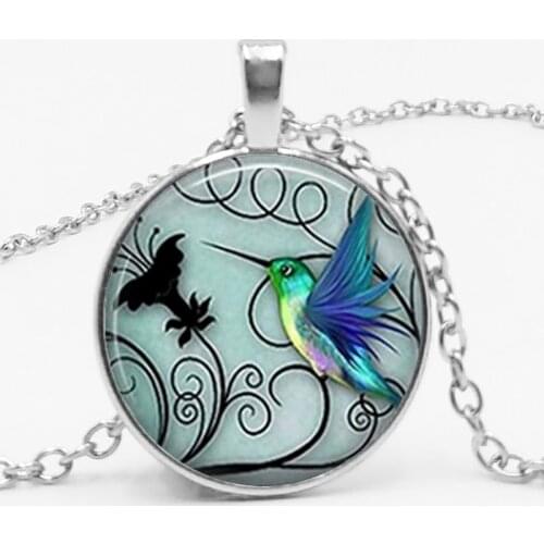 Handmade Photo Clips Blue Hummingbird Necklace Hummingbird Pendant Glass Bird Jewelry Art Glass Cabochon Necklace
