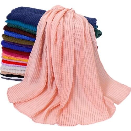Crinkle Cotton Hijab Scarf Plain Pleated Shawls Muslim Fashion Scarves Viscose Plaid Wraps Stretchy Pashmina Headband 1PC Retail