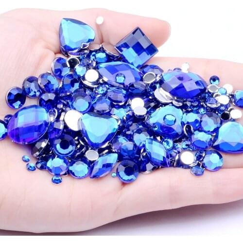 Blue 1000pcs Mixed Sizes Glitter Acrylic Non Hotfix DIY Rhinestones New Arrive For 3D Nail Art Design Decorations Stones