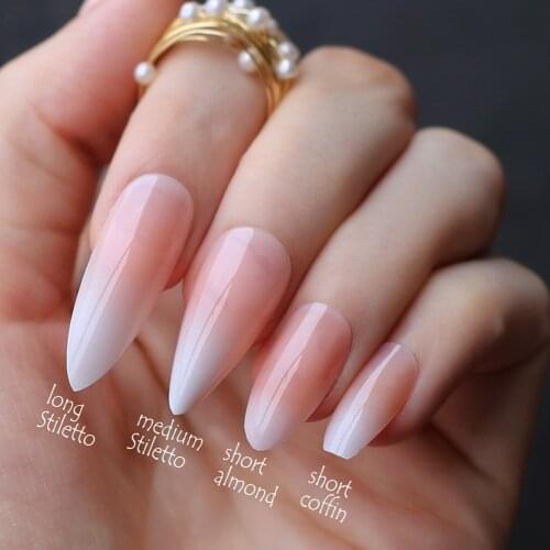 Super long Nude Ombre French Line Tips shiny fake nails Stiletto salon glossy false nail medium almond art coffin nails pink