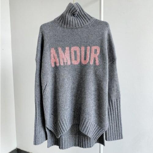 Fashion Woman GREY Turtle Neck High oversize WOOL Cashmere Sweater Front letter Embroidered Drop Shoulder Long Sleeves Jumpers