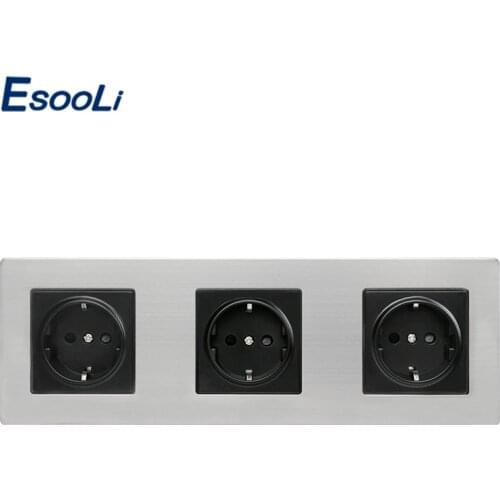 Esooli Stainless Steel Panel Triple Wall Socket 16A EU Russia Spain Electrical Outlet Silver Black Child Protective Door