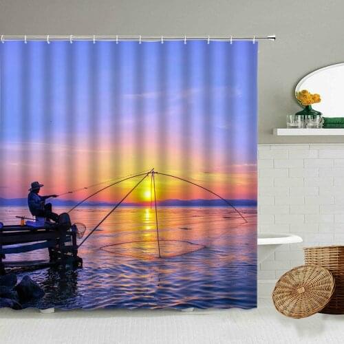 Sunset Sea Natural Scenery Shower Curtain River Pier Fishing Bathroom Accessories With Hook Hanging Waterproof Screen Washable