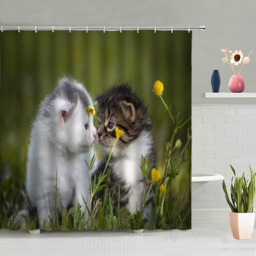 Cat Shower Curtain Cute Animal Grass Flower Bird Screen Bathroom Shower Curtains Home Decoration Washable Hanging With Hook Set
