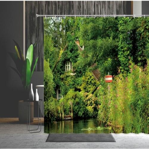 Natural Scenery Bath Curtain Green Forest Pattern Flowers Bath Screen Bathtub Decor Home Shower Curtain Multiple Size With Hooks