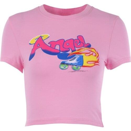 2021 Short-Sleeved T-Shirt Women Summer Slim Short Crop Top Women Angel Girl Cute Sexy Print