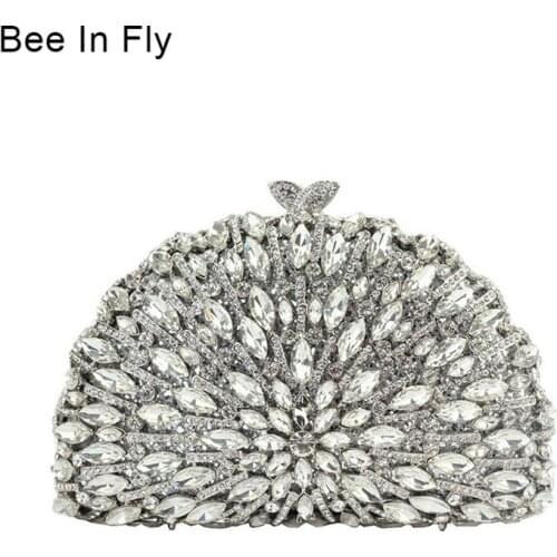 Bee In Fly Sector shape Flower Crystal Clutch Evening Purse Bag Women Formal Dinner Handbag Wedding Bridal Purse Crystal Bags