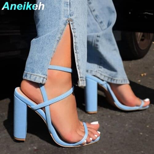 Aneikeh 2021 Summer Womens Shoes PU Fashion Sandalias De Las Mujeres Shallow Thick Heel Sewing Concise Elastic Band Party Solid