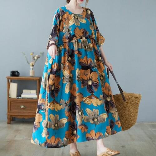 Dress Summer Sundress Women 2021 New Fashion Oversize Loose Casual Long Boho Beach Dress Vintage Female Cotton Linen Floral Dres