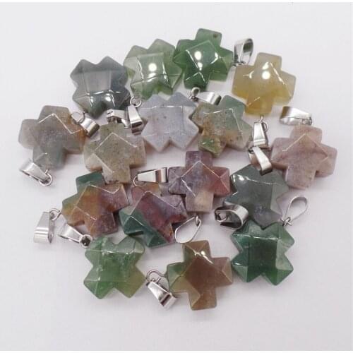 10Pcs 16x7mm Natural Brown And Green Indian Agate Facet Cross Pendant Beads For DIY Jewelry Making Necklace Accessories Gift