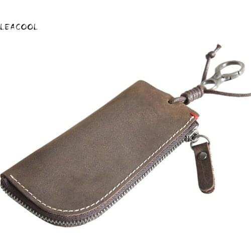 100% Genuine Leather Key Wallet Men Women Short Cowhide Smart Kay Case Zipper Car Key Chain Wallet Clip Housekeepers