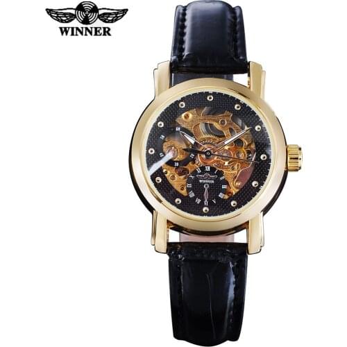 2016 WINNER famous brand women watchluxury automatic self wind watch skeleton dials transparent glass gold case leather band