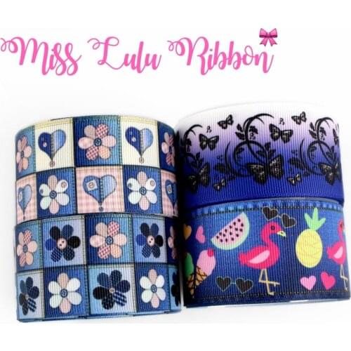 16mm-75mm Cartoon Flamingo Jeans Flower Printed Grosgrain/Foe Ribbon Denim Like Butterfly DIY Hair Bowknots 50yards/roll