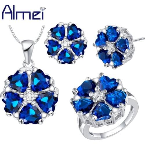Almei Bridal Flower Jewelry Sets for Women Wedding Earrings And Necklace Fashion Pink Blue Crystal Costume Jewellery Set T563