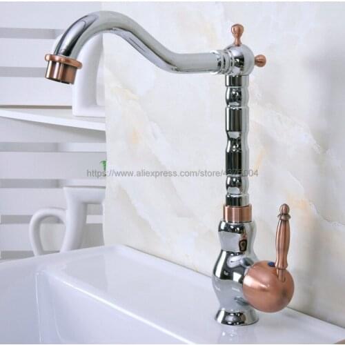 Deck Mounted Single Handle Bathroom Sink Mixer Faucet Polished Chrome And Red Copper Hot and Cold Water Mixer Tap Nnf909