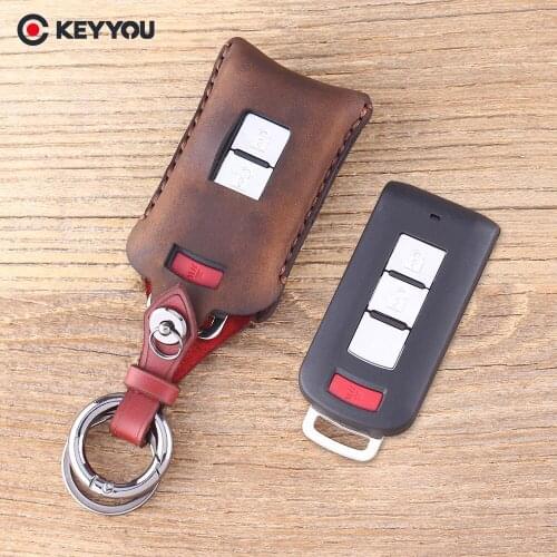 KEYYOU Key Case Key Shell 3 Buttons For Mitsubishi Lancer EX ASX Outlander Pajero Fob Genuine Leather Key Case