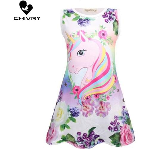 Chivry Summer 2021 New Little Girls Sleeveless A-line Princess Dress Baby Girls Kids Casual Unicorn Print Sundress Vestidos