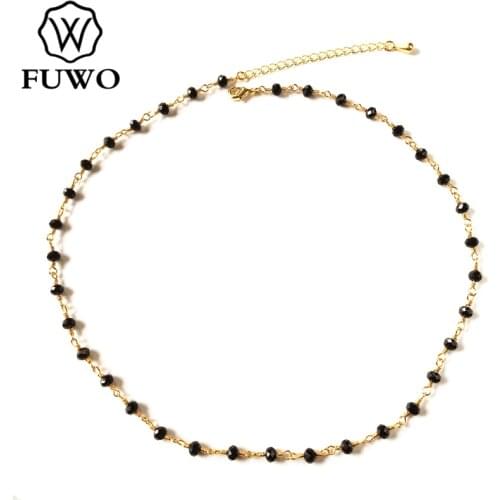 FUWO Handmade Black Spinels 3.5mm Brass Necklaces High Quality Anti-Tarnish Black Crystal Beaded Chains For Jewelry Making NC014