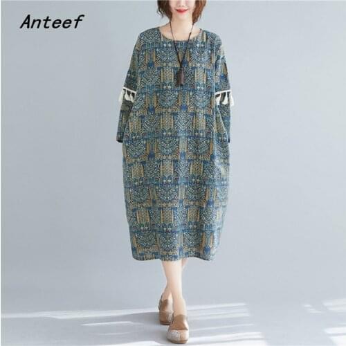 Cotton linen vintage floral for women casual loose long spring autumn dress elegant clothes 2021 ladies dresses