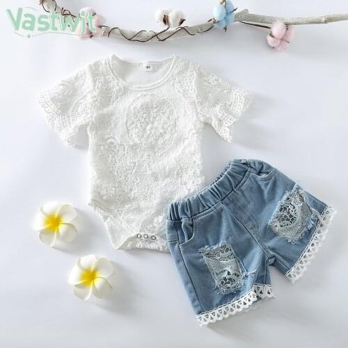 Infant Baby Girls Clothes Sets Short Sleeve Lace Romper Bodysuit Tops Denim Shorts 2pcs For 0-2Y Summer Toddler Kids Clothes