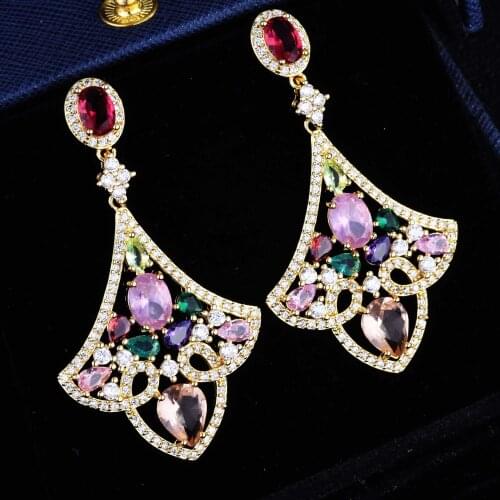 Luxury Boho Style Fan-Shape Multicolor Crystal Wedding Earring for Women Engagement Charm Zircon Jewelry Wholesale Earrings