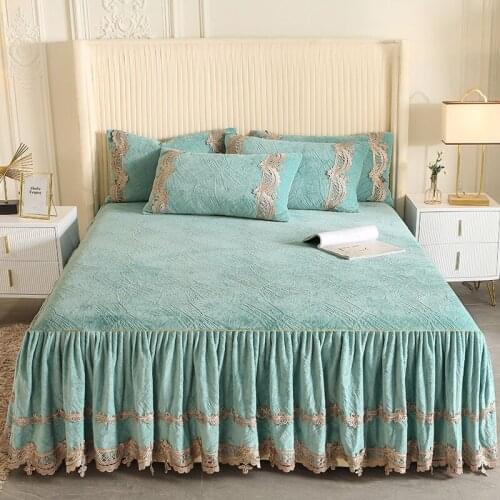 Carved Milk Velvet Lace Bedspread with Ruffles Gray Bed Cover Luxury King Size Queen Bedskirt Solid Color with 2 Pillow Covers